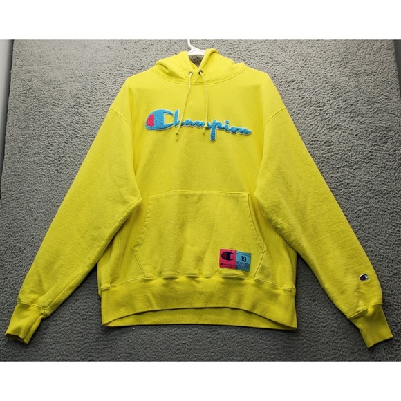 Champion Hoodie Men Large Yellow Fleece Lined Reverse Weave Spellout Logo Detail - Picture 1 of 8